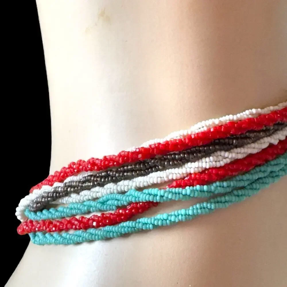 16” Vintage Glass Micro Seed Bead Necklace Multi Red Blue White Gray 1940s-60s